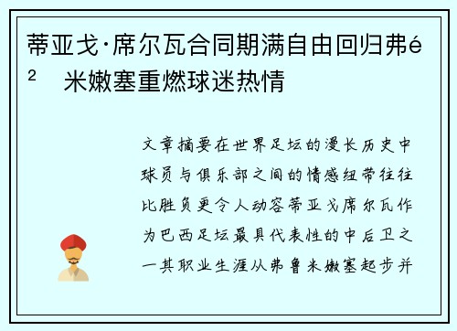 蒂亚戈·席尔瓦合同期满自由回归弗鲁米嫩塞重燃球迷热情